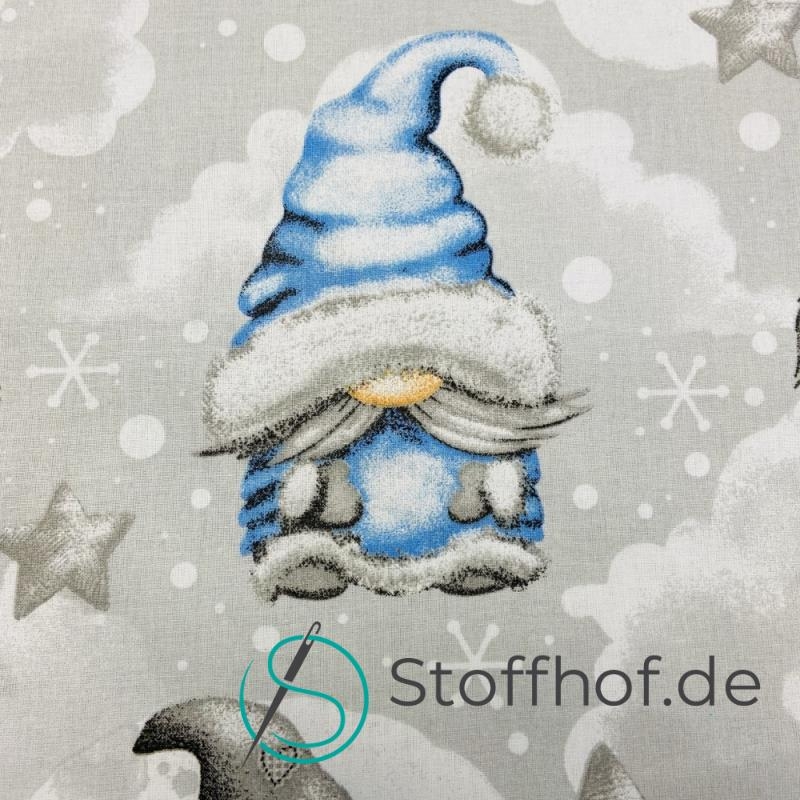 Baumwolle Weihnachtsgnome im Mondschein / Hellgrau
