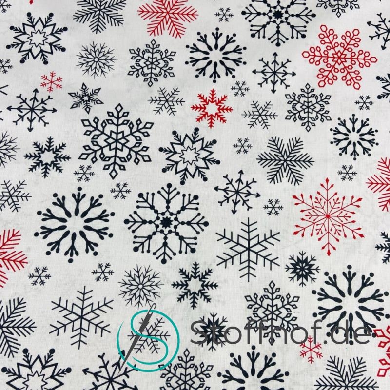 Baumwolle Schneeflocken Anthrazit Rot Weihnachten