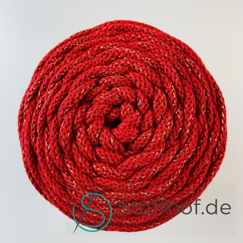 Baumwollkordel 5mm Rot mit mit goldfarbenem Glitzerfaden