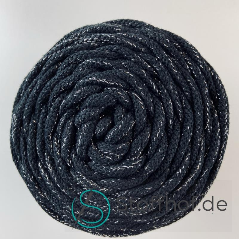 Baumwollkordel 5mm Schwarz mit silberfarbenem Glitzerfaden