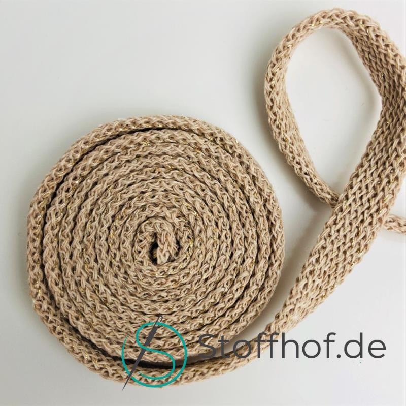 Baumwollkordel Flach 10mm Beige mit goldenfarbenem Glitzerfaden