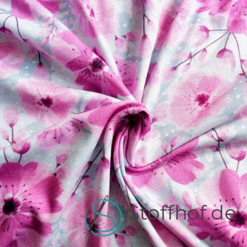 Baumwolljersey Rosa Mohnblumen / Grau