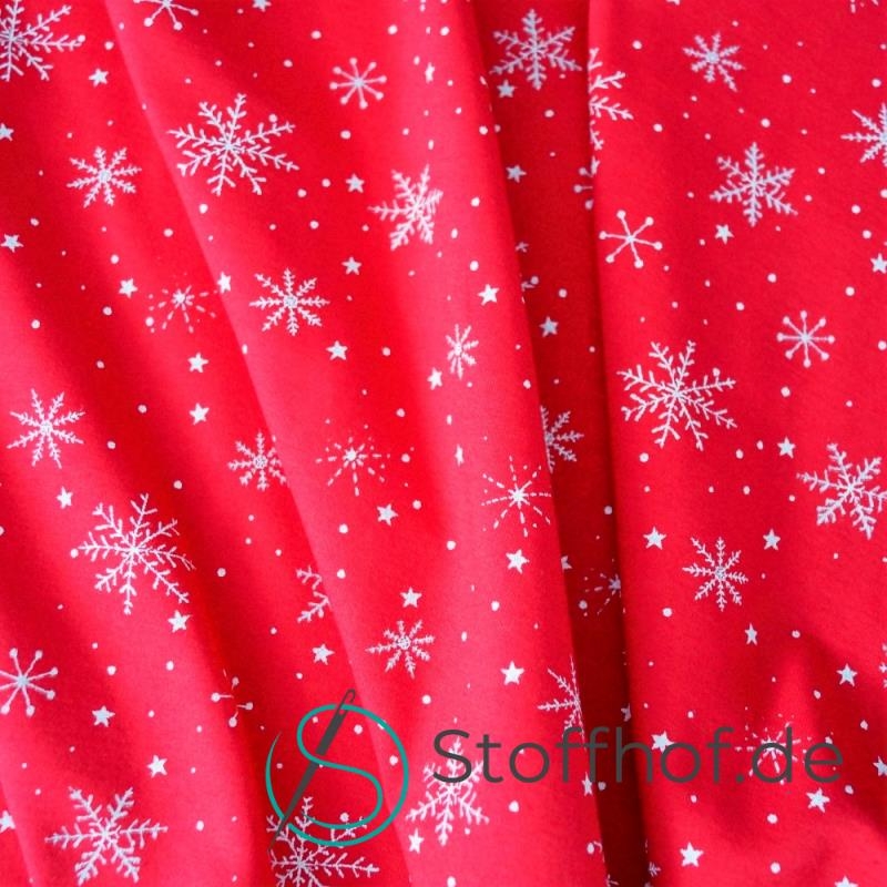 Baumwolljersey Schneeflocken / Rot