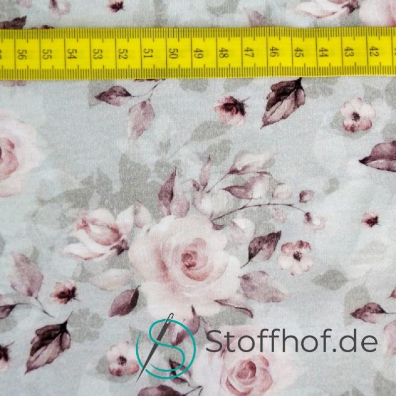 Baumwolljersey Weiße Rosen/ Grau