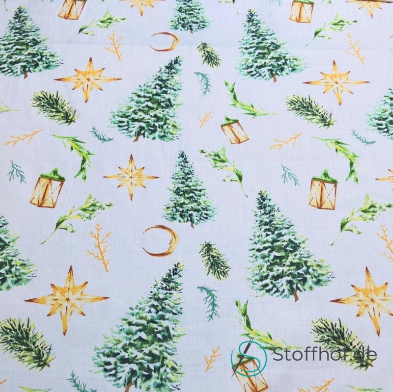 Baumwolle Tannenbäume Grün-Gold Weihnachten